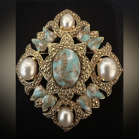 Vintage Sarah Coventry brooch pendant art glass simulated turquoise blue large - Picture 1 of 4
